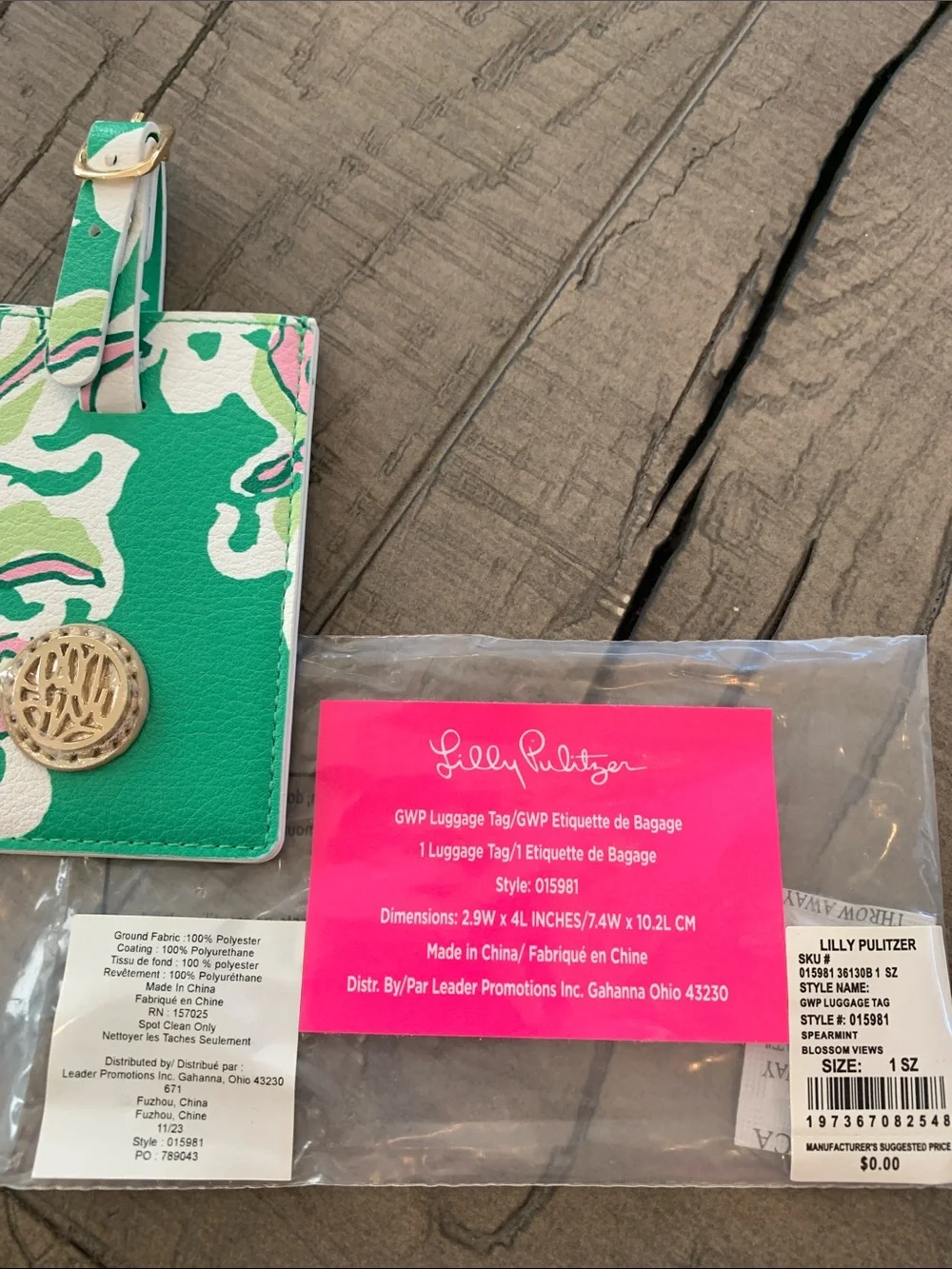 Lilly Pulitzer Green Floral Luggage Tag & Pink Key Fob Set